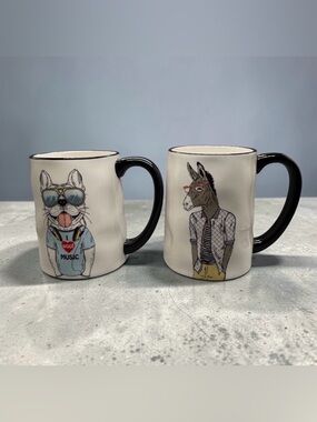 Signature Housewares Animal Mugs Set of White Hipster Frenchie & Donkey Mugs